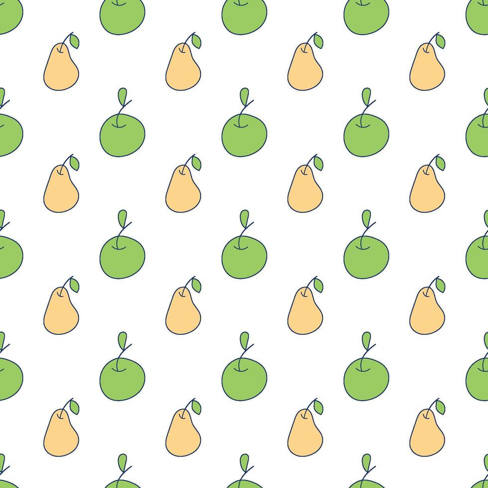 Seamless pattern with green apple and yellow pear. Minimalist Doodle Background vector