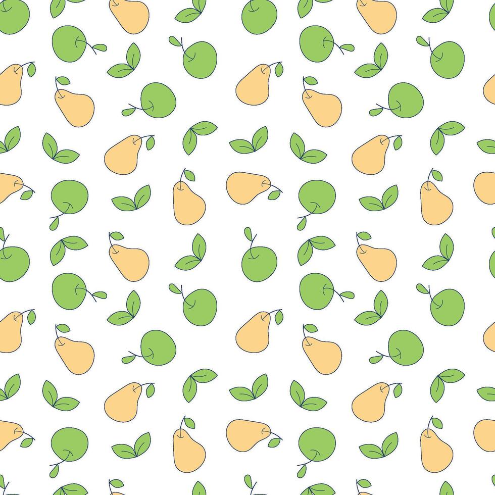 Seamless Doodle Pattern With Pears And Apples, Botanical Infinite Texture vector