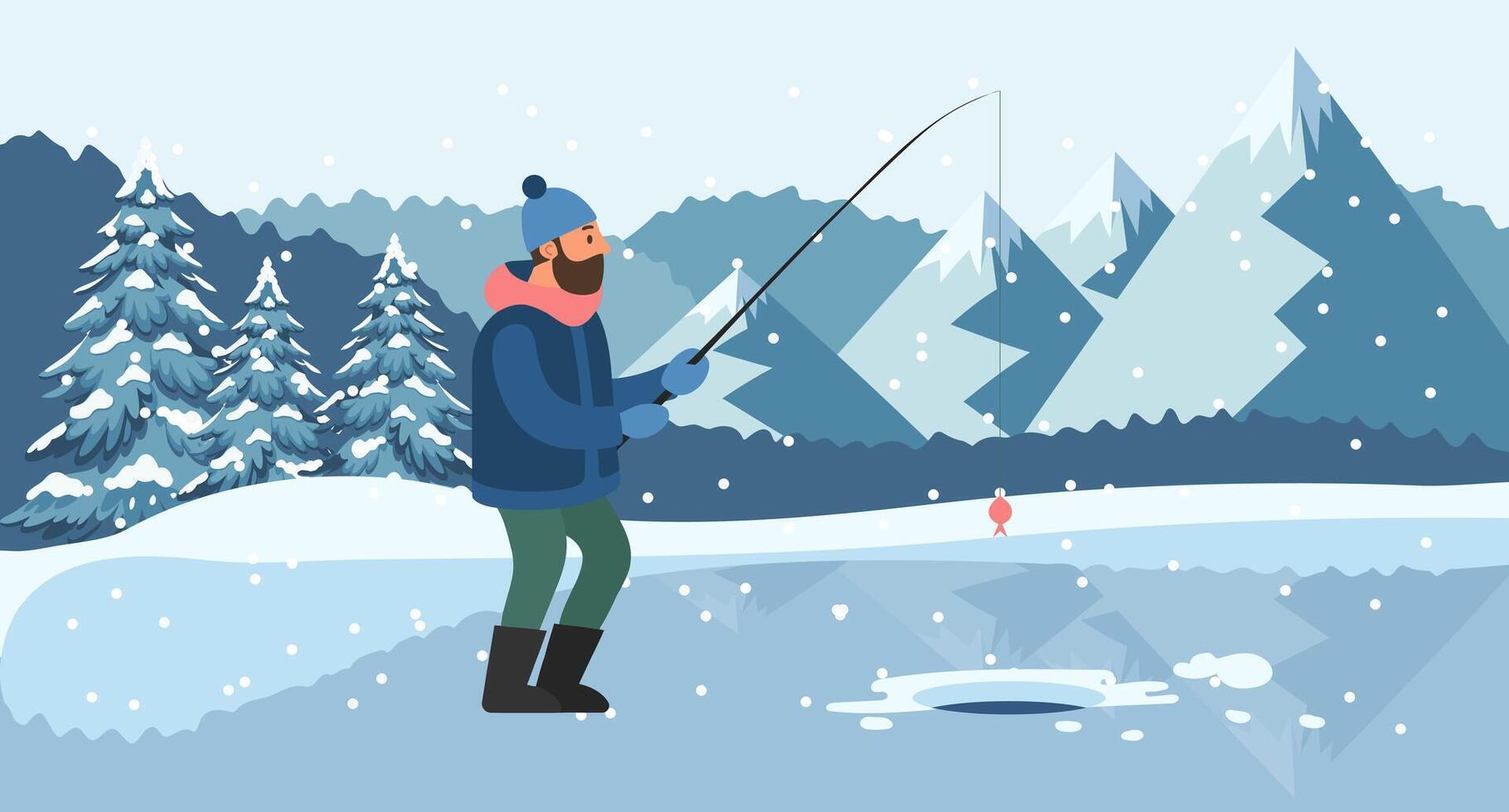 Fisherman with a fishing rod on the background of a winter landscape. Hobby concept. Illustration vector