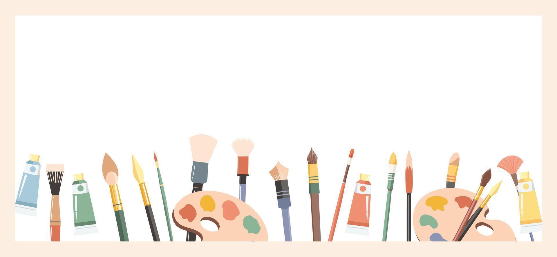 Banner with art supplies. Horizontal advertising background with brushes, paints and artists palette. Creative accessories for hobby. Illustration vector