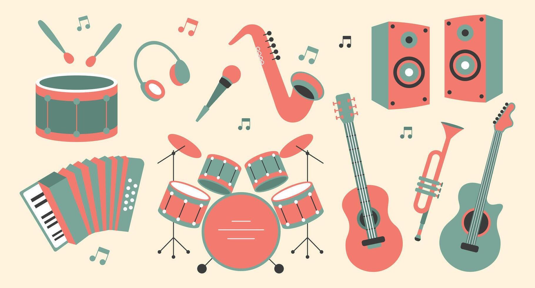 Set of musical instruments, saxophone, drums, guitars, accordion, trumpet, microphone. Retro style illustration vector