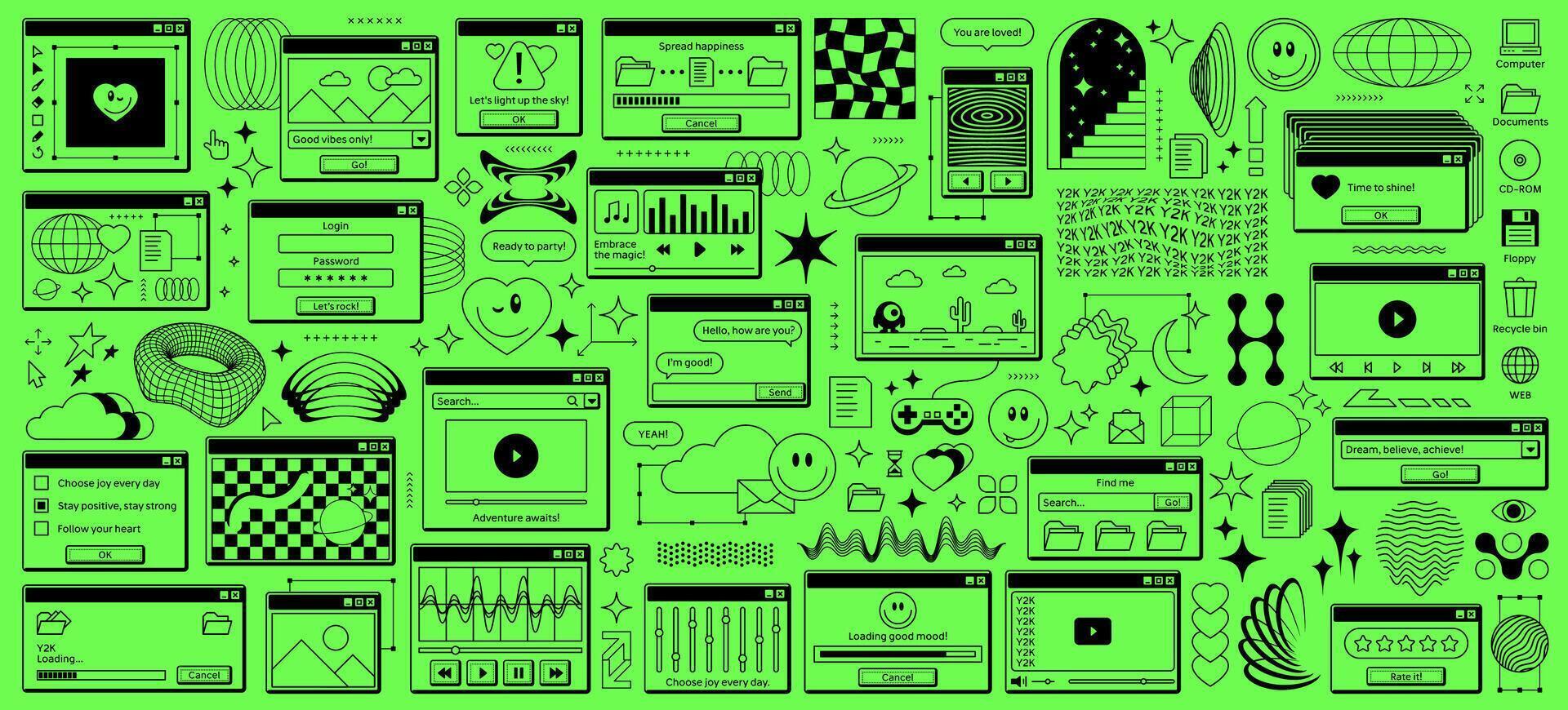 y2k retro computer window stickers, browser pages vector