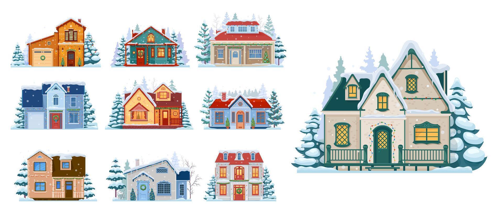Cartoon Christmas winter house facade exteriors vector