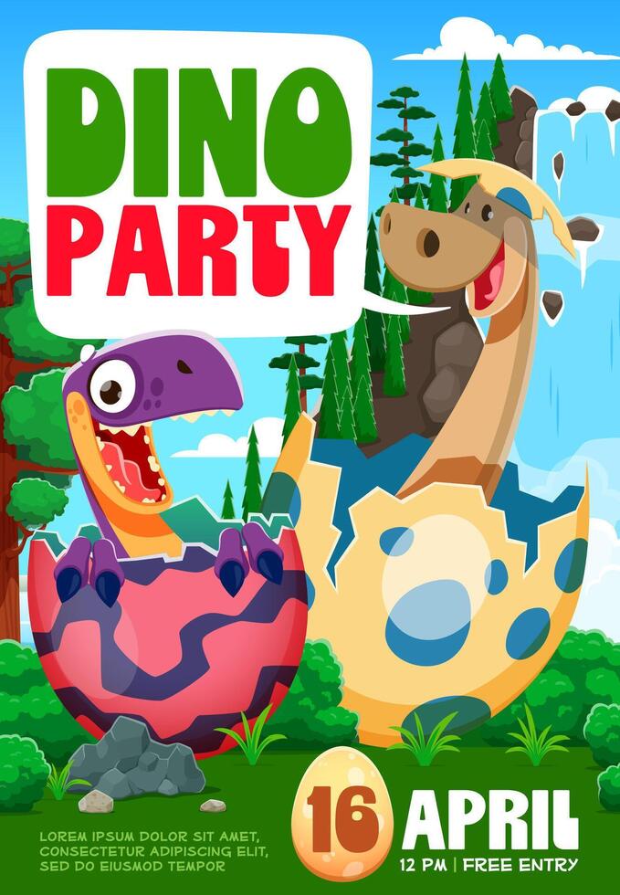 Kids party flyer, dinosaur kids in eggshells vector