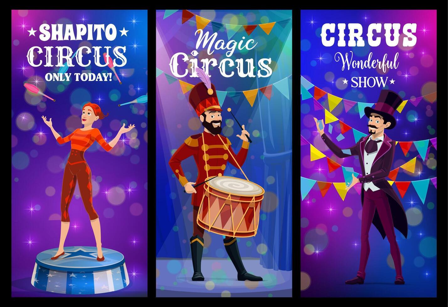 Circus show carnival magician, juggler and drummer vector
