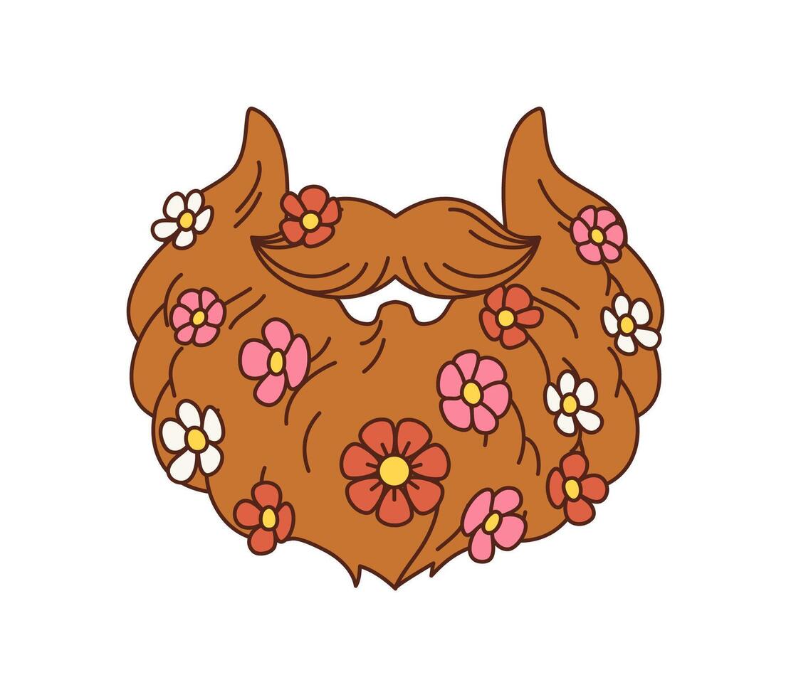 Cartoon retro groovy hippie beard with flowers, vector