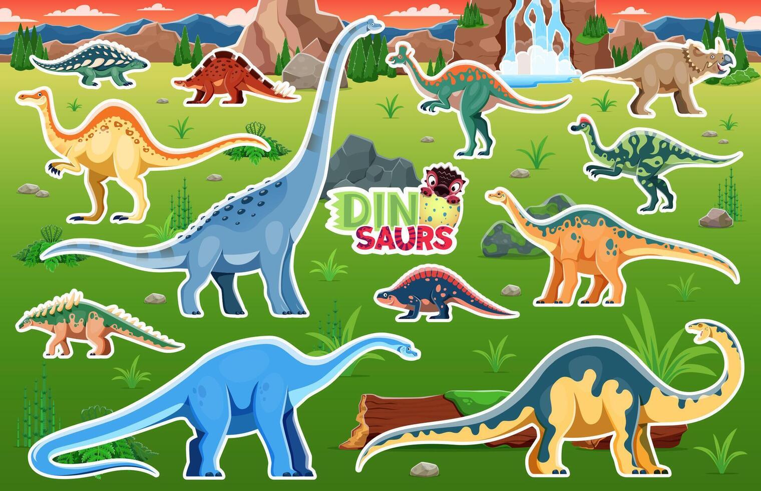 Dinosaur stickers, funny dino and Jurassic lizards vector