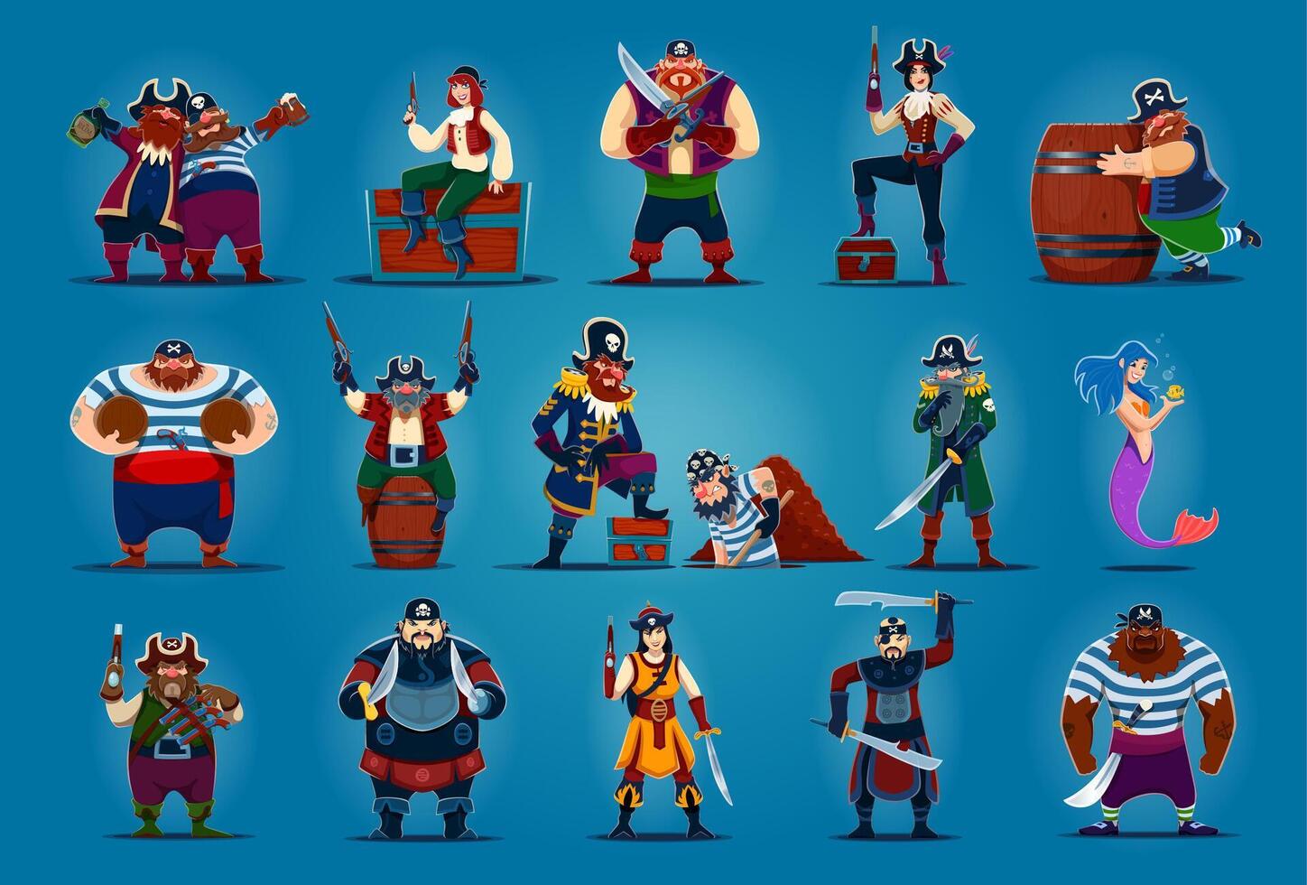 Cartoon pirate, corsair and mermaid characters vector