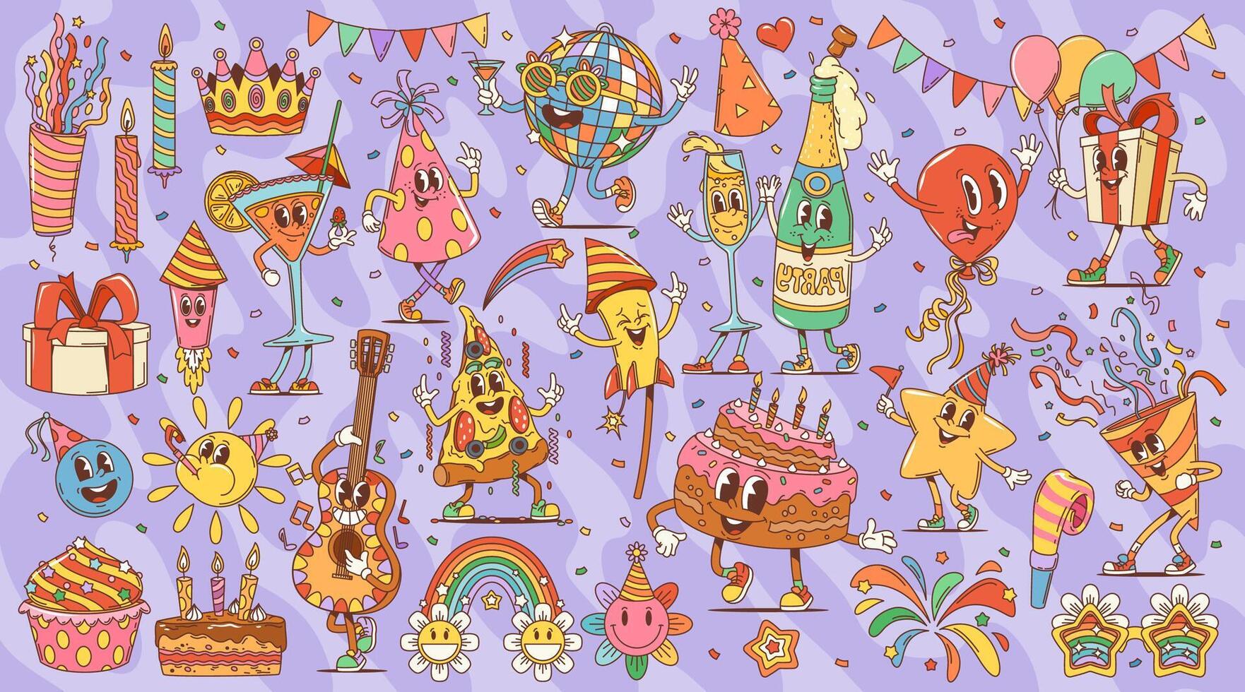 Retro groovy birthday party hippie characters vector