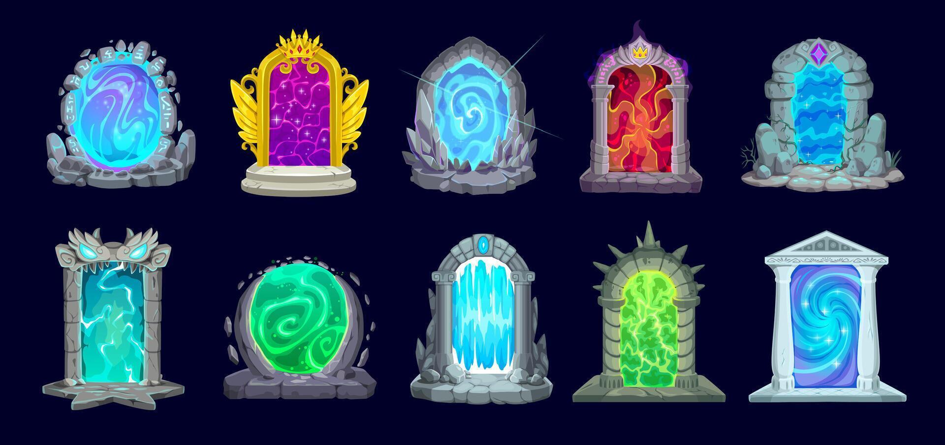 Fantasy fairytale game magic portal doors set vector
