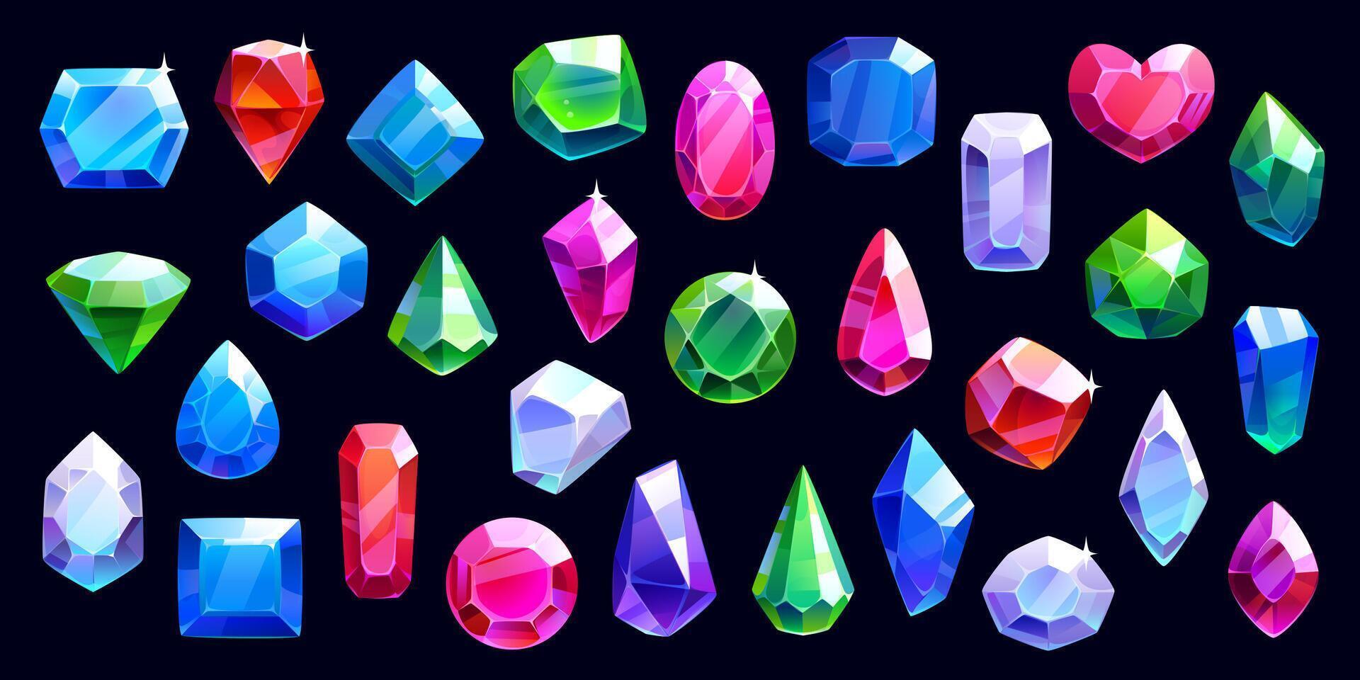 Cartoon crystal gems and jewelry, game asset vector