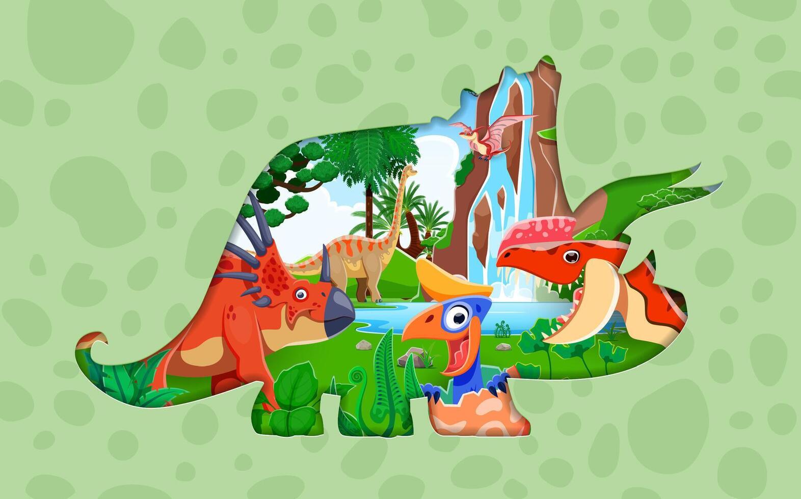 Paper cut dinosaur silhouette with dino characters vector