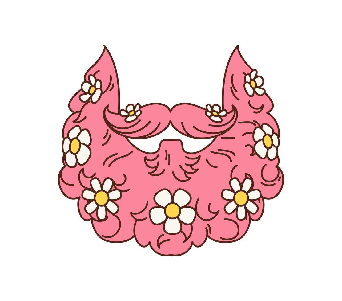 Groovy retro hippie pink beard with daisy flowers vector