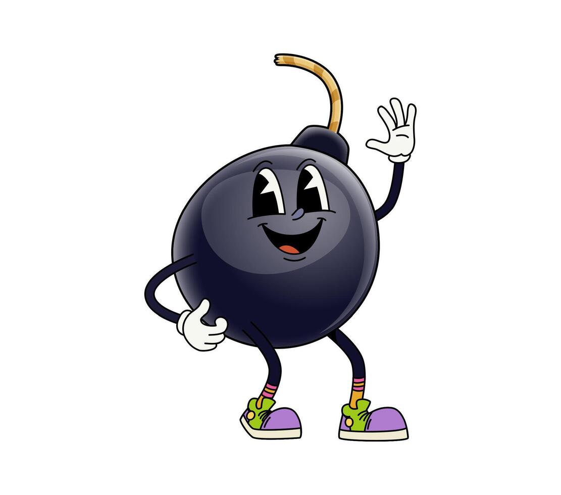 Groovy bomb cartoon retro character waving hand vector
