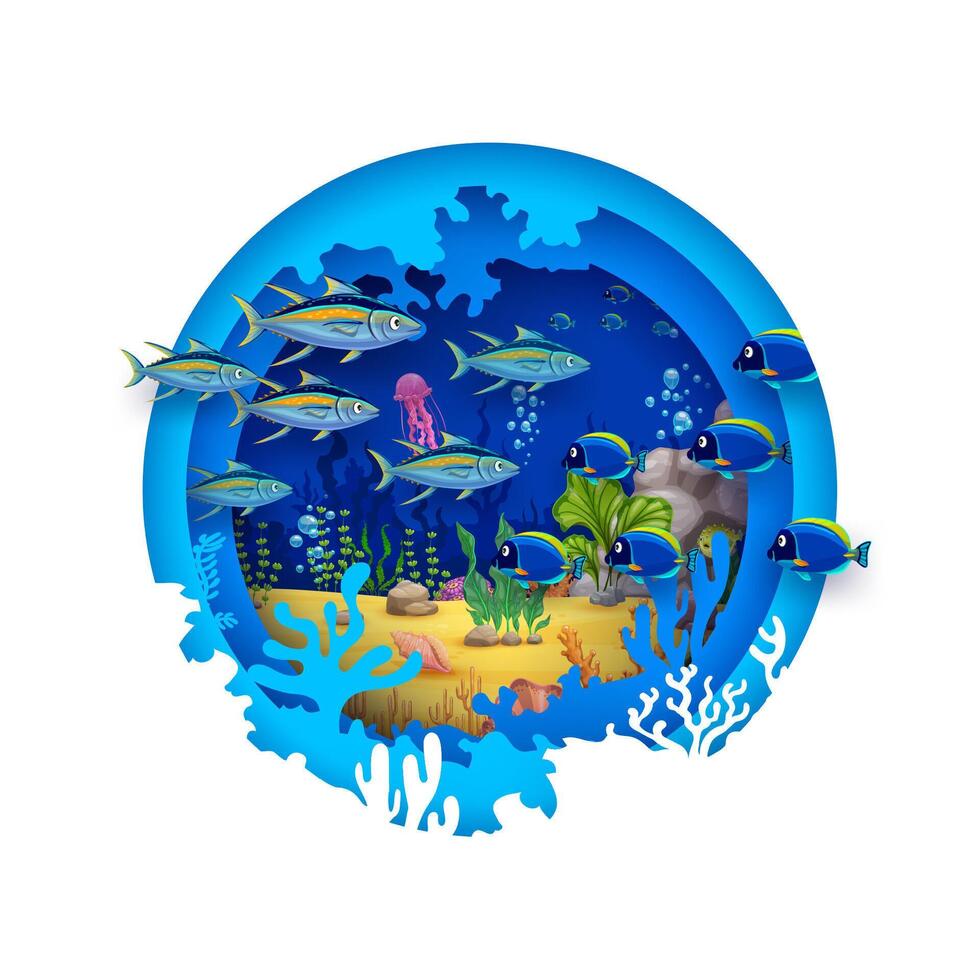 Paper cut round banner with underwater landscape vector