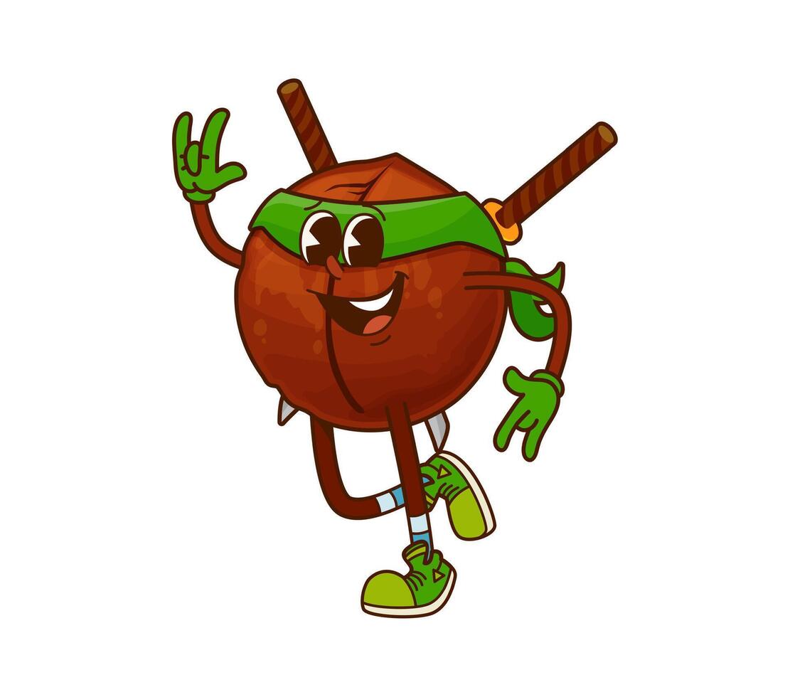 Groovy macadamia superhero nut wielding swords vector