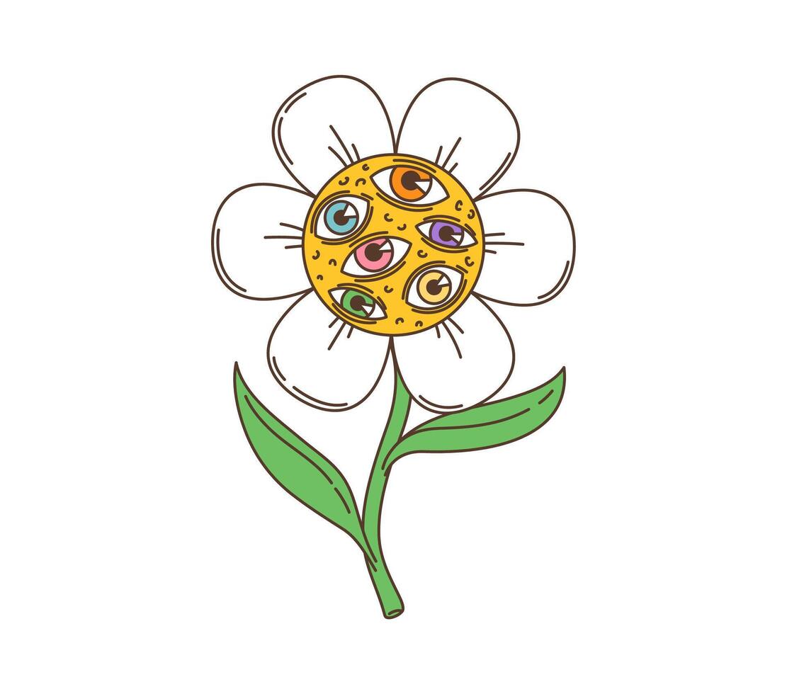 Cartoon retro groovy daisy flower hippie character vector