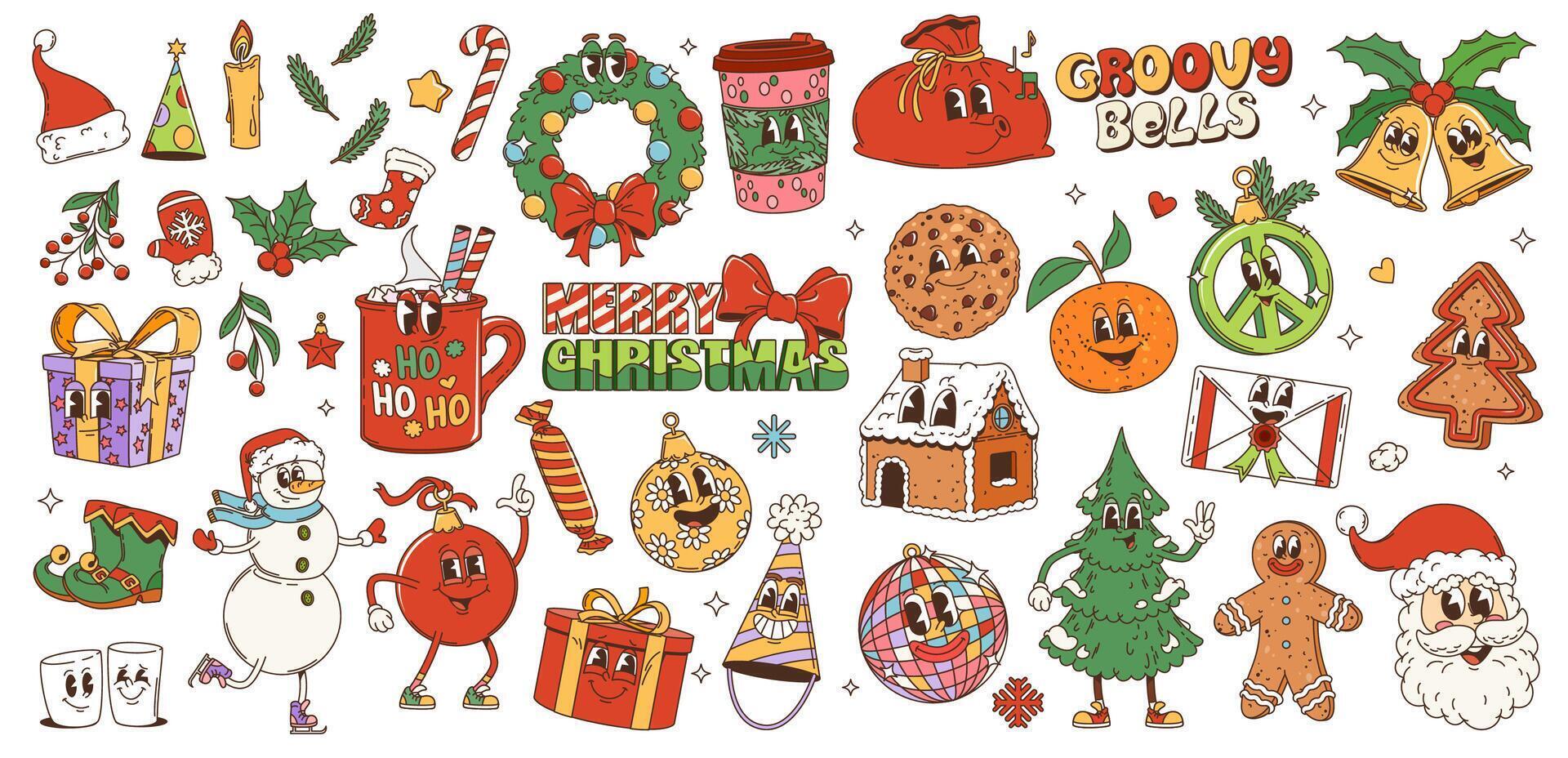 Retro cartoon groovy Christmas funky characters vector