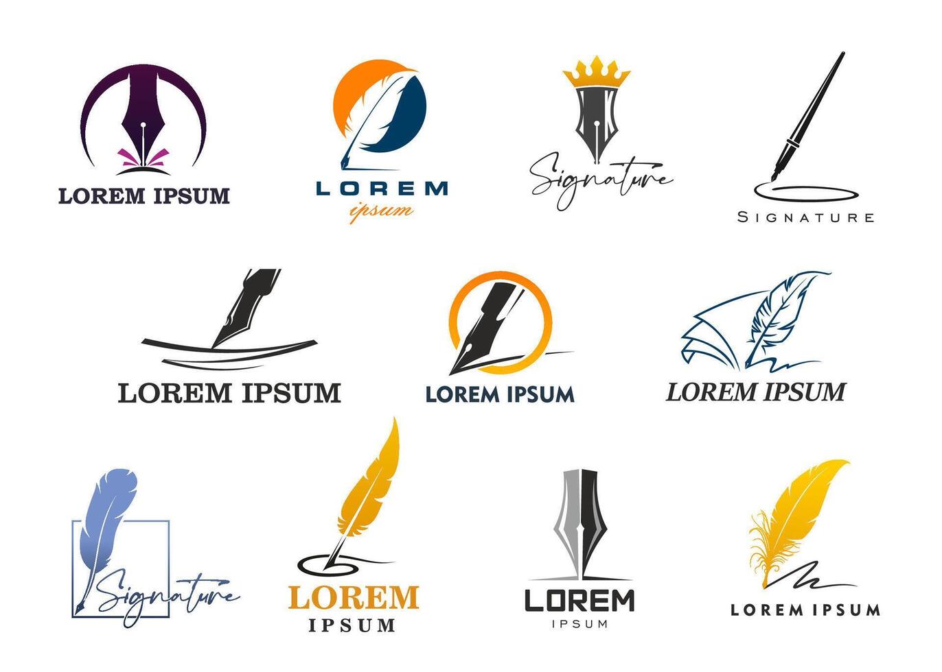 Quill icons with feather and ink pens, book, crown vector