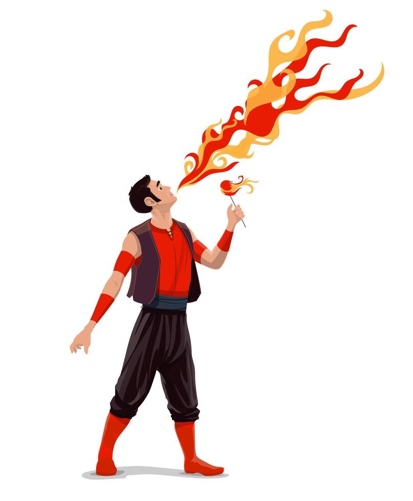 Circus fire eater character or funfair performer vector