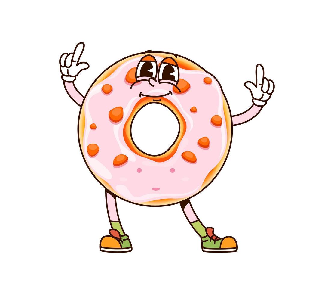 Groovy donut cartoon character with pink glaze vector
