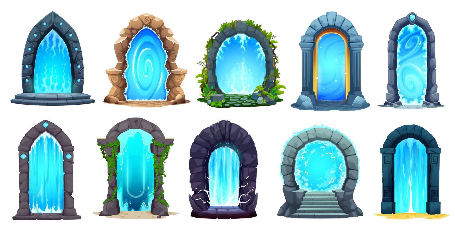 Fantasy game magic portal, cartoon fairytale doors vector