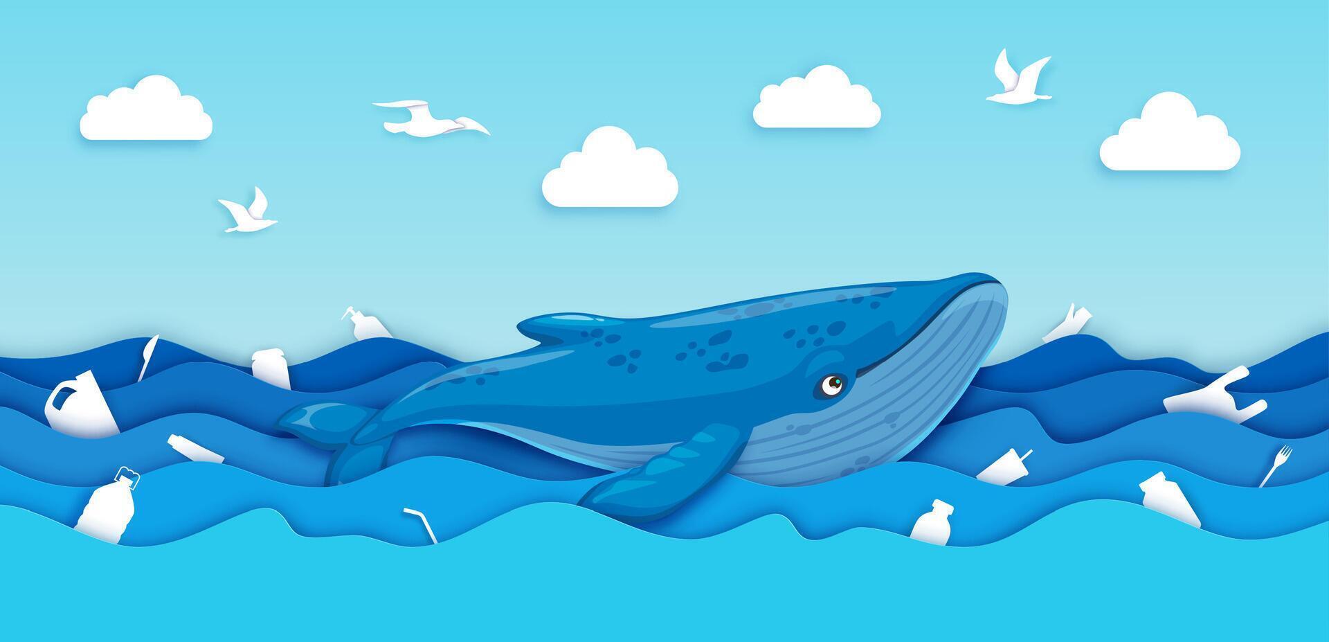 Plastic in sea, whale in paper cut polluted water vector