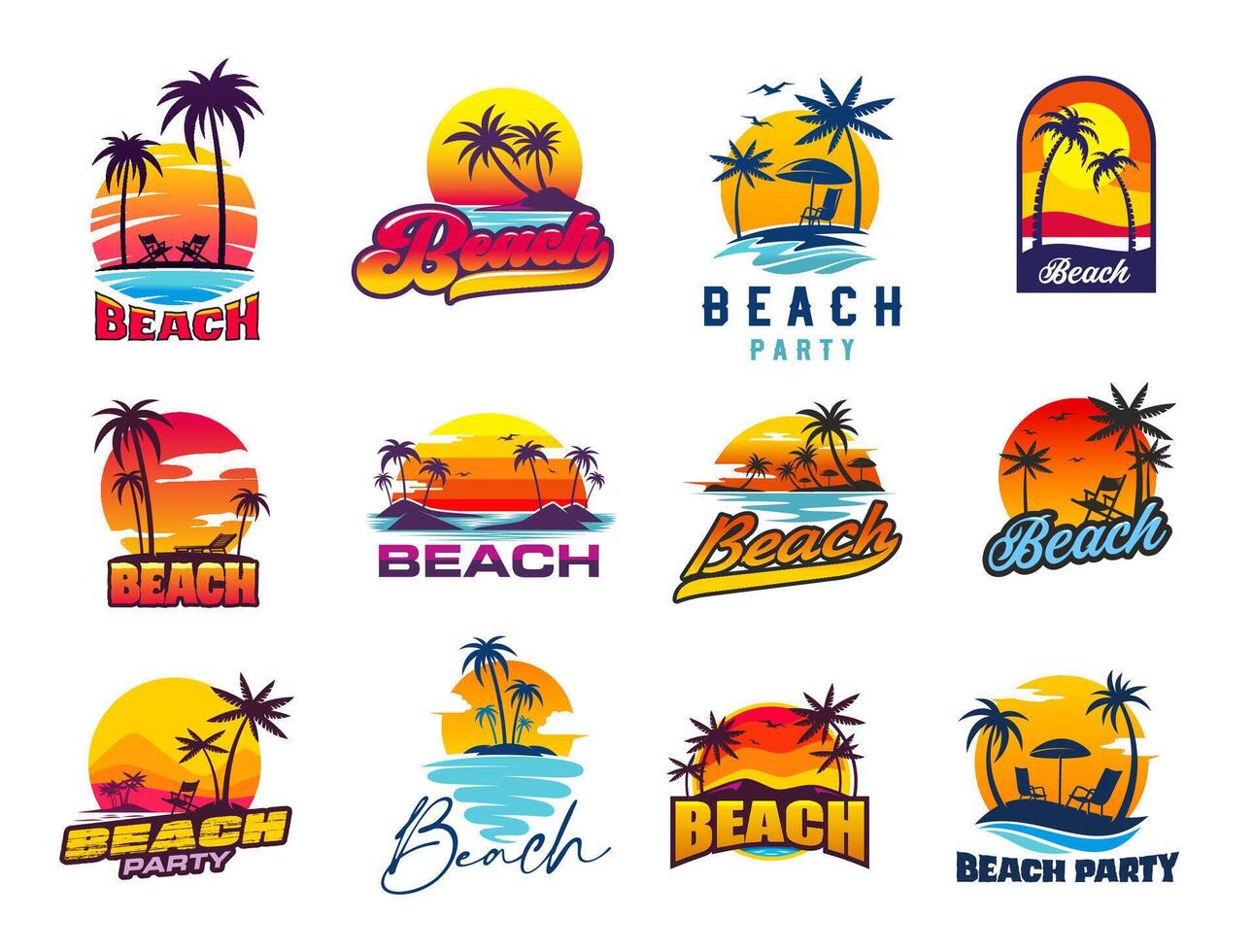 Tropical summer beach sunset icons with palms vector