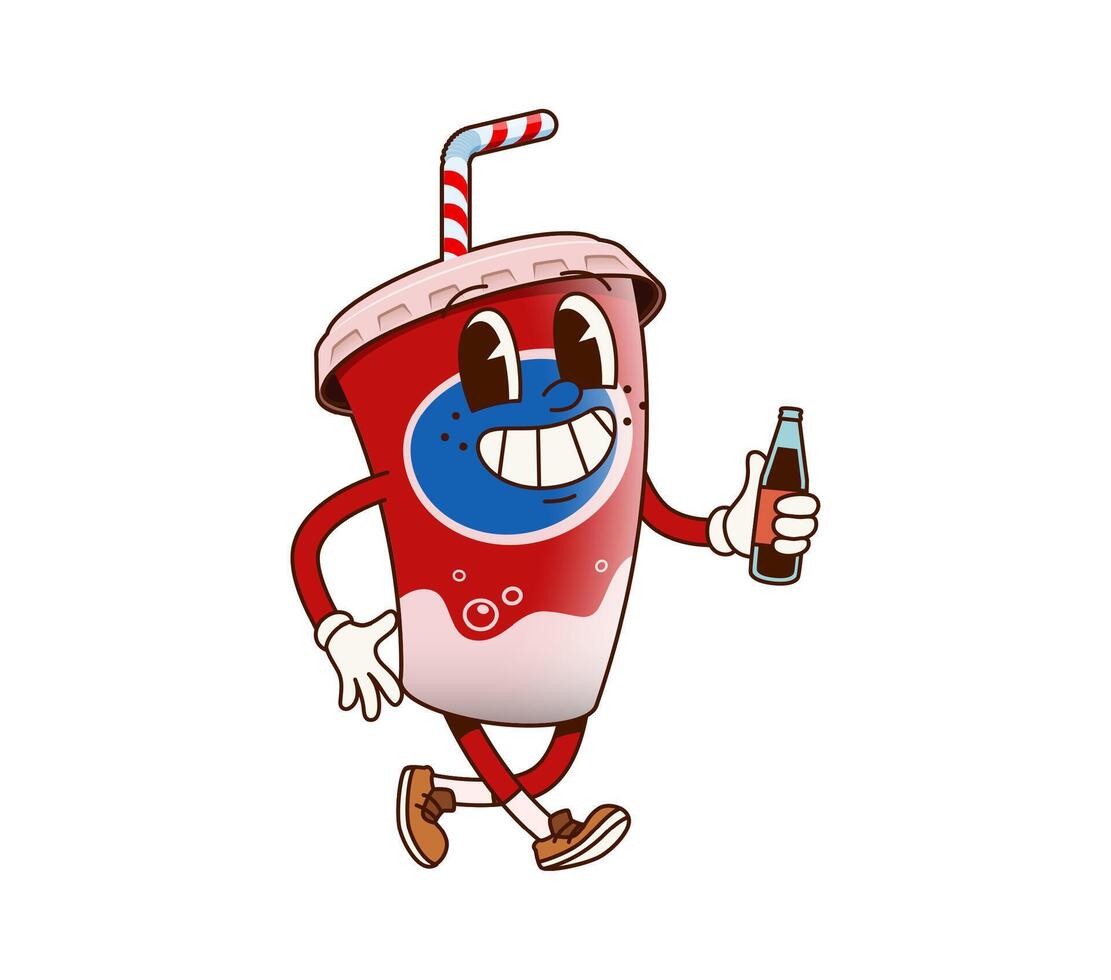 Groovy fast food soda character with glass bottle vector