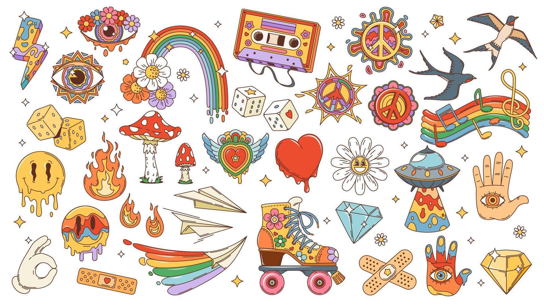 Retro cartoon groovy hippie set, funky symbols vector