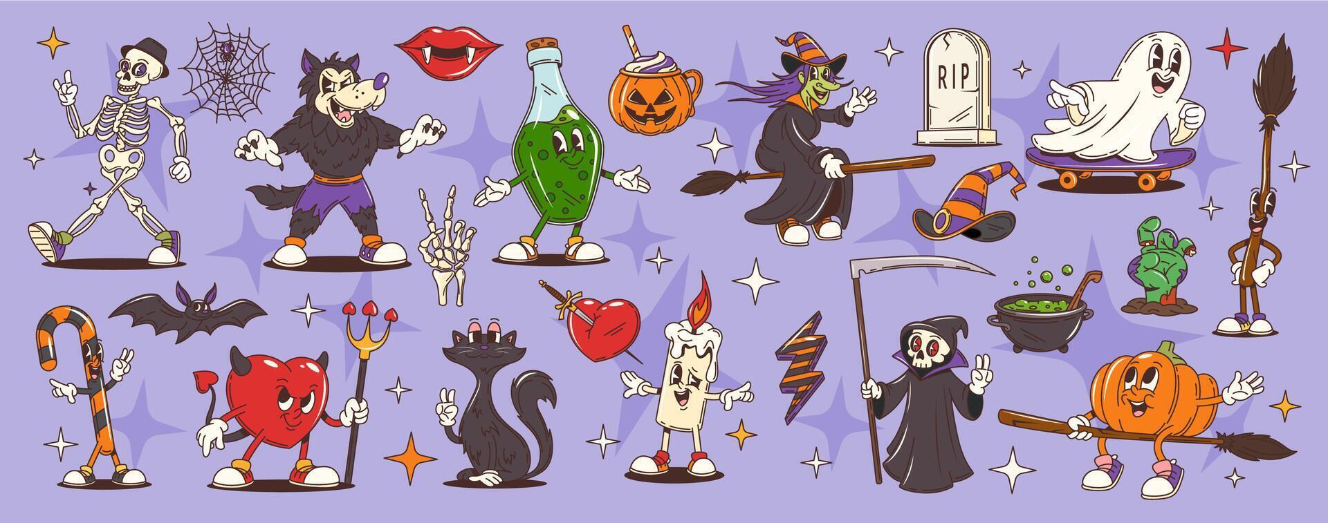 Groovy Halloween characters retro cartoon monsters vector