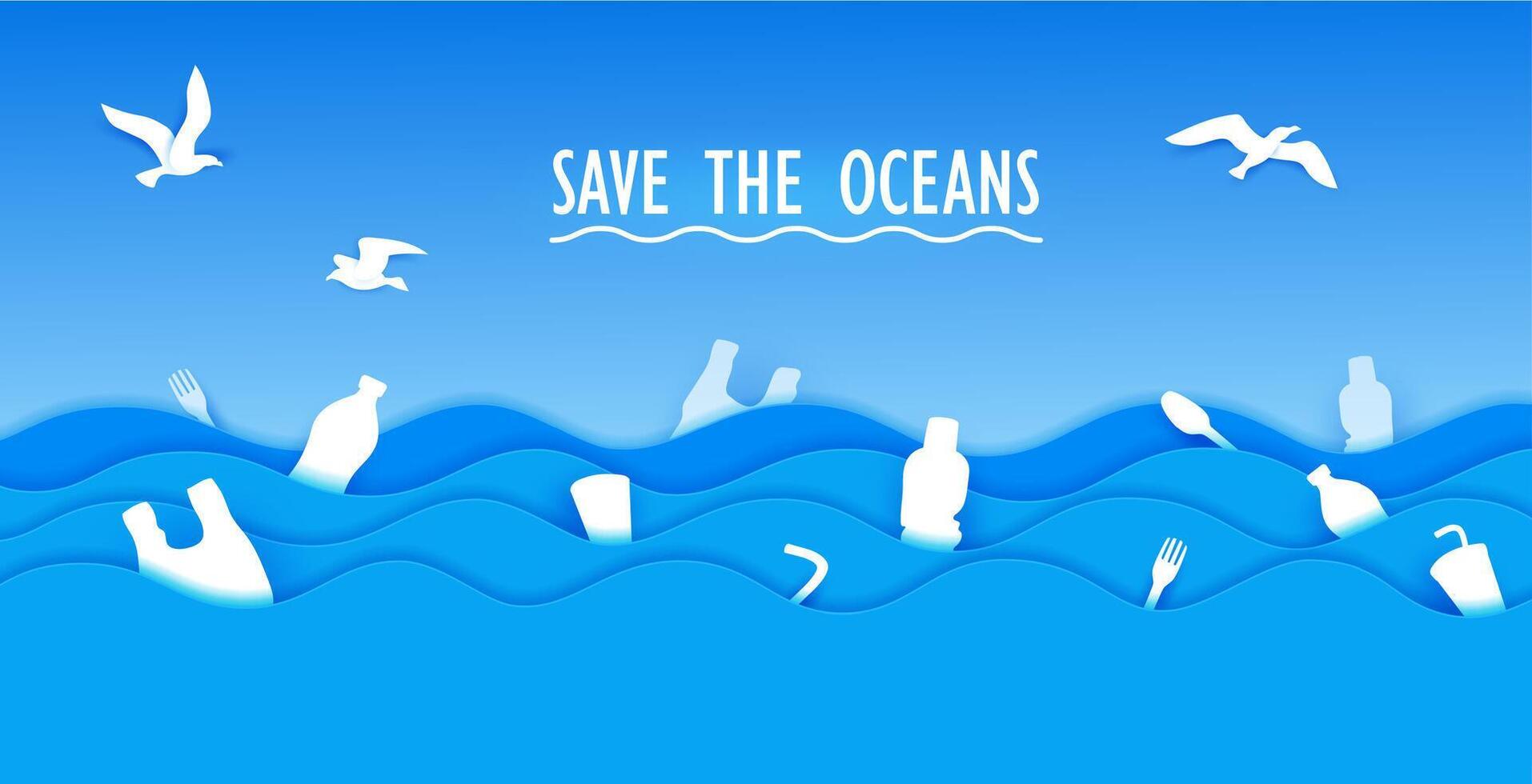 Polluted water, plastic in sea paper cut banner vector