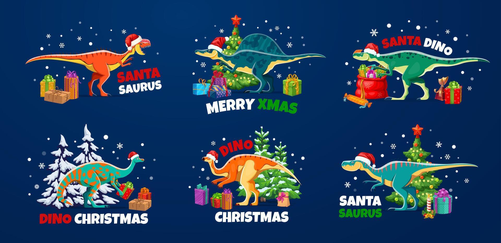 Christmas dinosaur greetings, cartoon set vector
