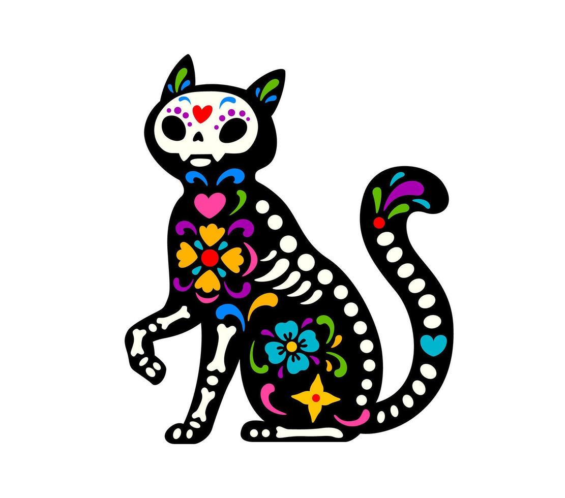 Dead Halloween skeleton, Mexican day of dead cat vector