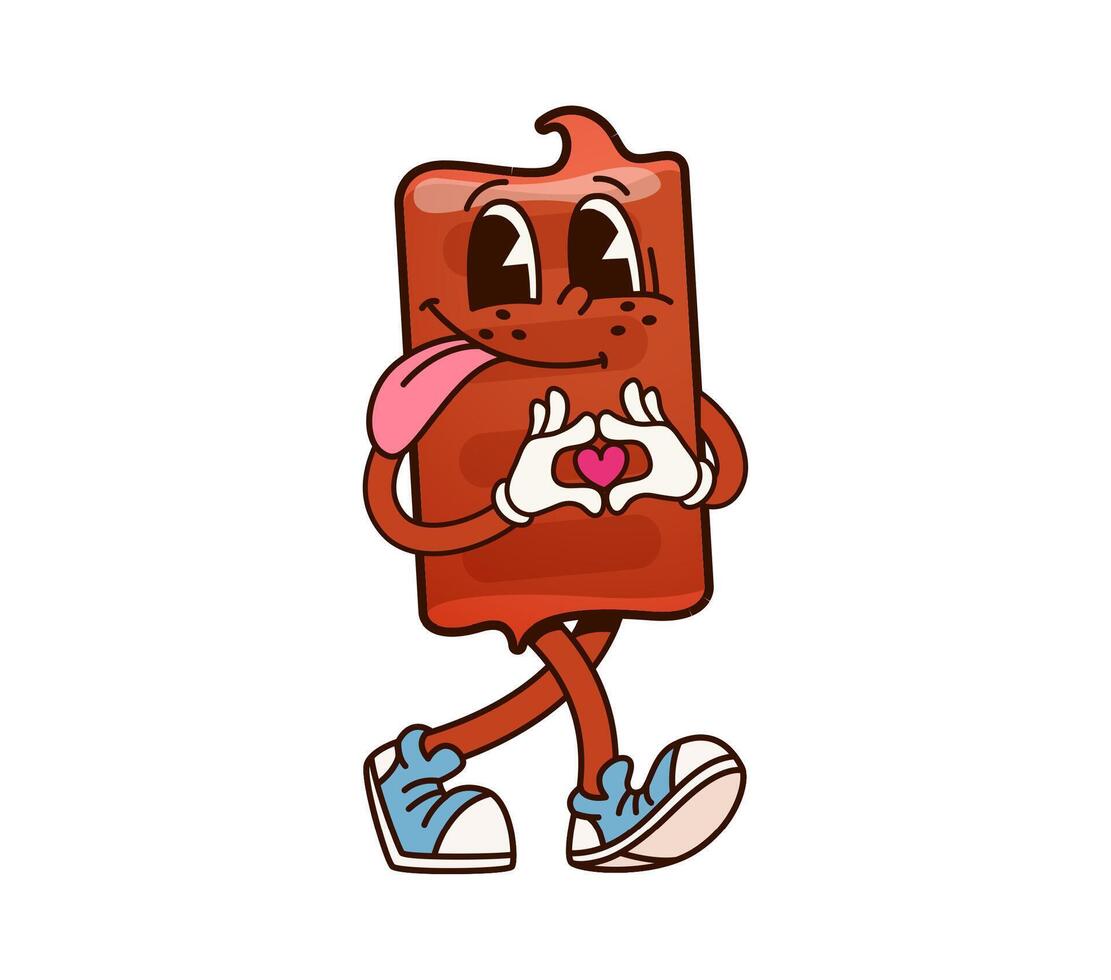 Groovy toffee character forming heart gesture vector