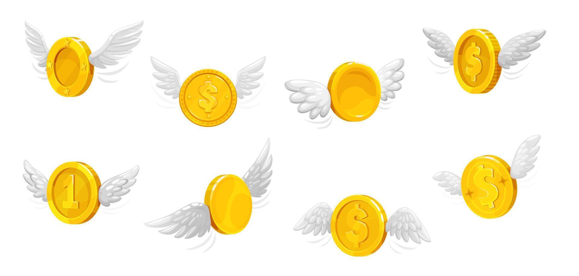 3d golden money coins with wings, flying currency vector