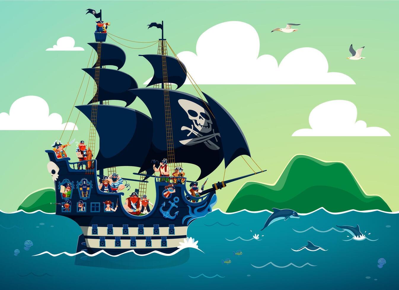 Pirate sail ship with corsair sailors and captain vector