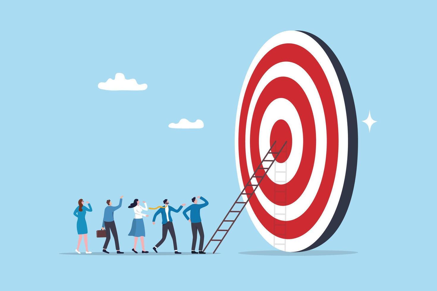 Climb corporate ladder to achieve career target, stair to reach work success, employee career path winning steps or achievement concept, business people employee queue to climb ladder to reach target. vector