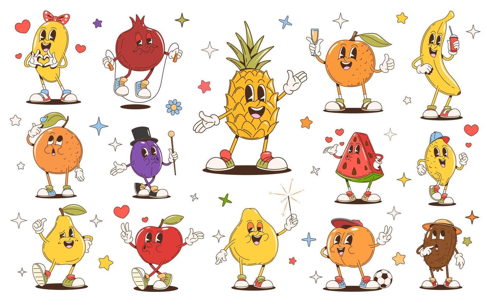 Retro cartoon groovy fruit characters, food emojis vector