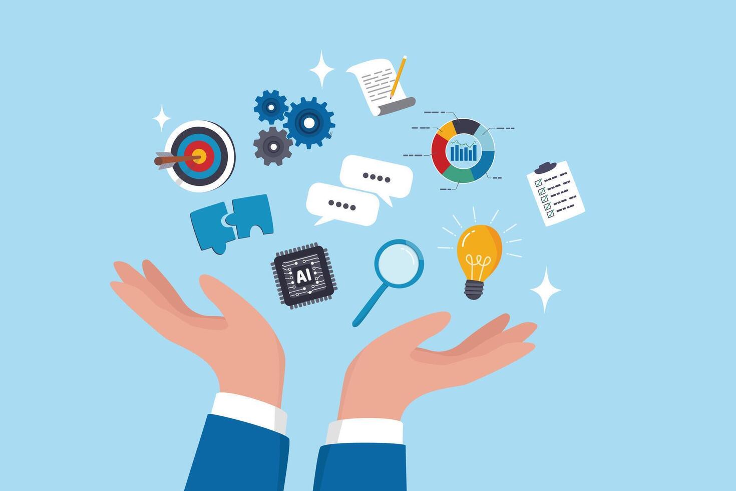 Skill, work experience or ability development, expertise success, leadership or communication to success, learning skills, wisdom concept, businessman hand hold multiple skills set to achieve success. vector