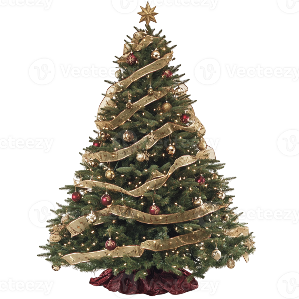 A christmas tree with gold and red ribbons png