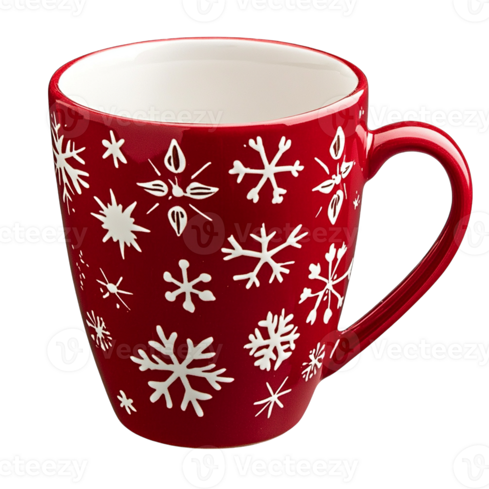 A red mug with snowflakes on it png