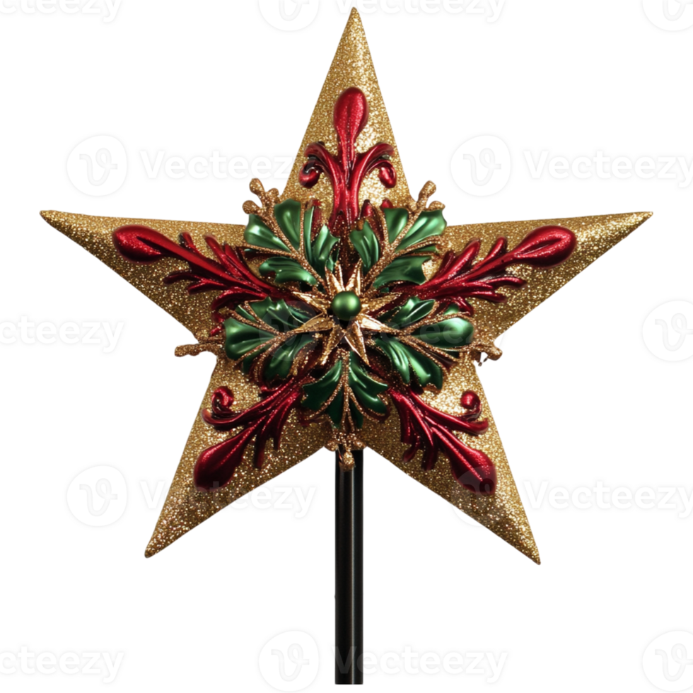 A gold star with red and green decorations on it png