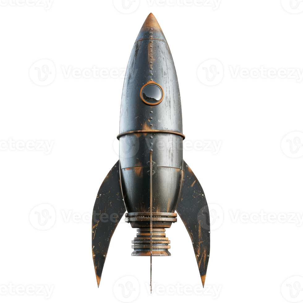 A vintage rocket design showcasing sleek lines and a metallic finish, perfect for retro-themed projects and space exploration concepts. png