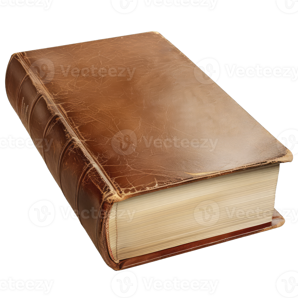 A vintage, leather-bound book with aged pages, closed and lying on its side. The cover is worn and has a distressed look. png