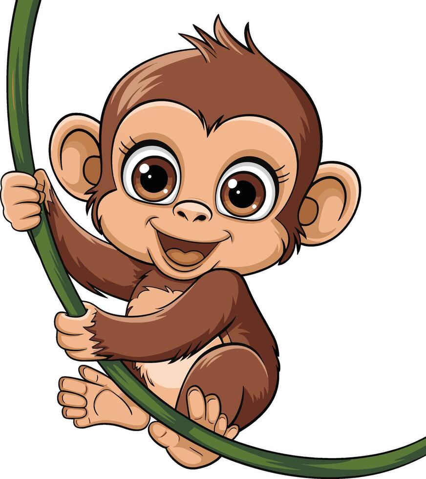 Baby monkey cartoon sitting on a tree branch illustration, monkey art. Ai generate vector