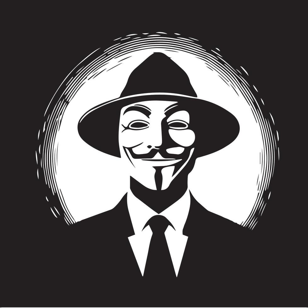 Monochrome illustration of a mysterious figure wearing a Guy Fawkes mask and a suit with a hat, set against a circular backdrop, representing anonymity and secrecy vector