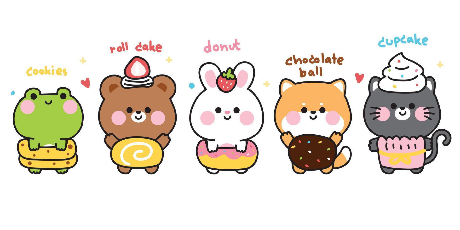 Set of cute animals in bakery costume with text.Cartoon character design.Frog,teddy bear,rabbit,shiba inu dog,cat hand drawn.Cookies.Roll cake.Donut.Chocolate ball.Cupcake.Kawaii.Illustration. vector