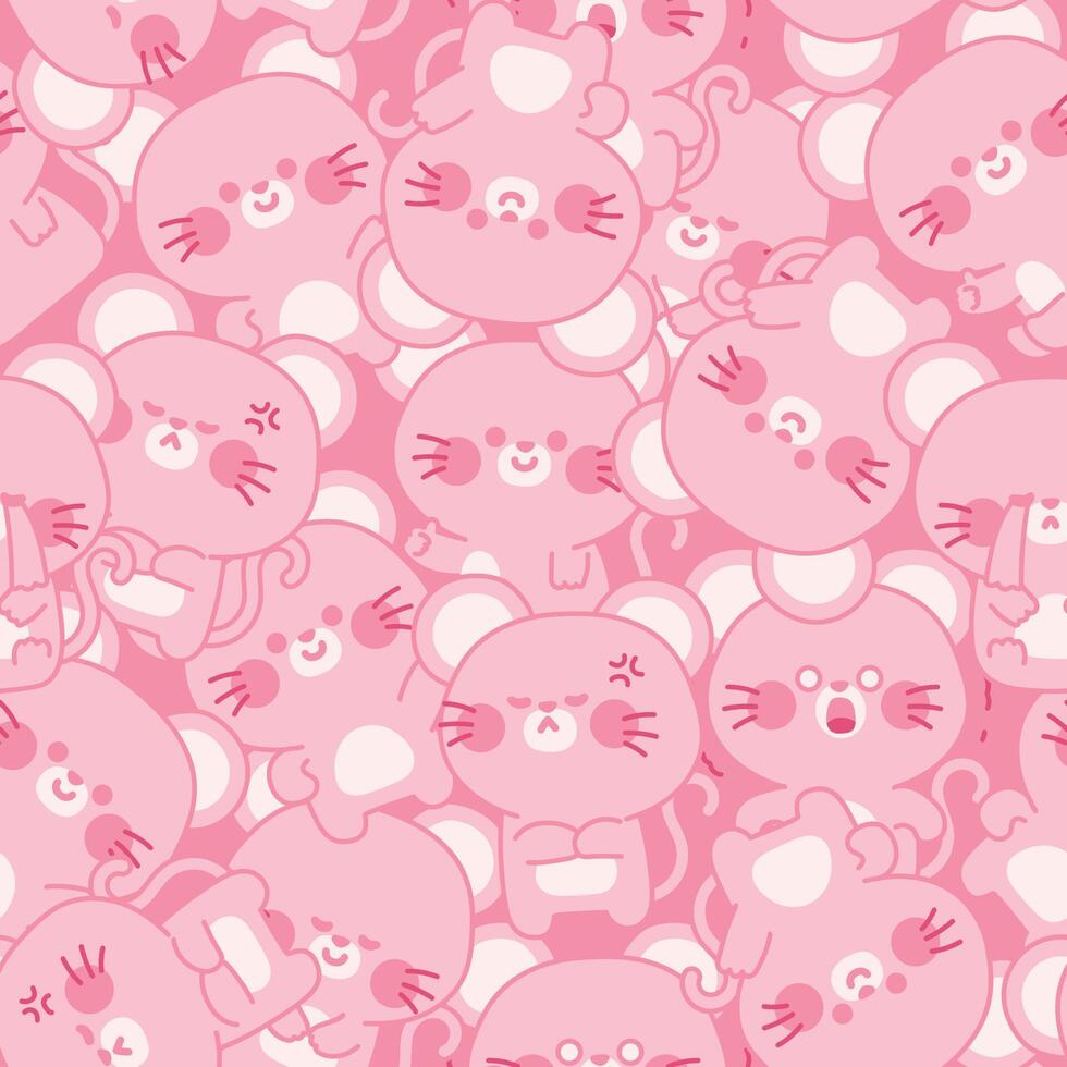 Seamless pattern of cute rat in various feeling and poses line hand drawn pink background.Emotional.Mouse.Rodent animal character cartoon design.Kawaii.illustration. vector