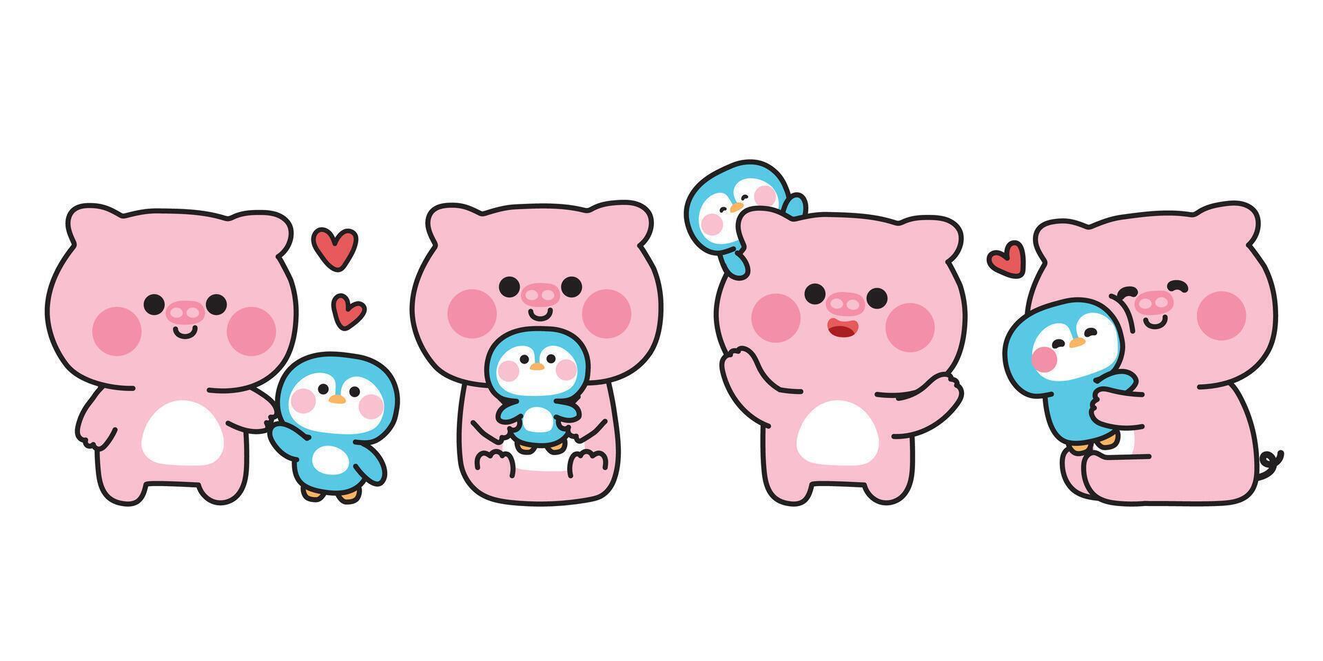 Set of cute pig with penguin in various poses.Friendship.Love.Farm and bird animal.Character cartoon design.Kawaii.Illustration. vector